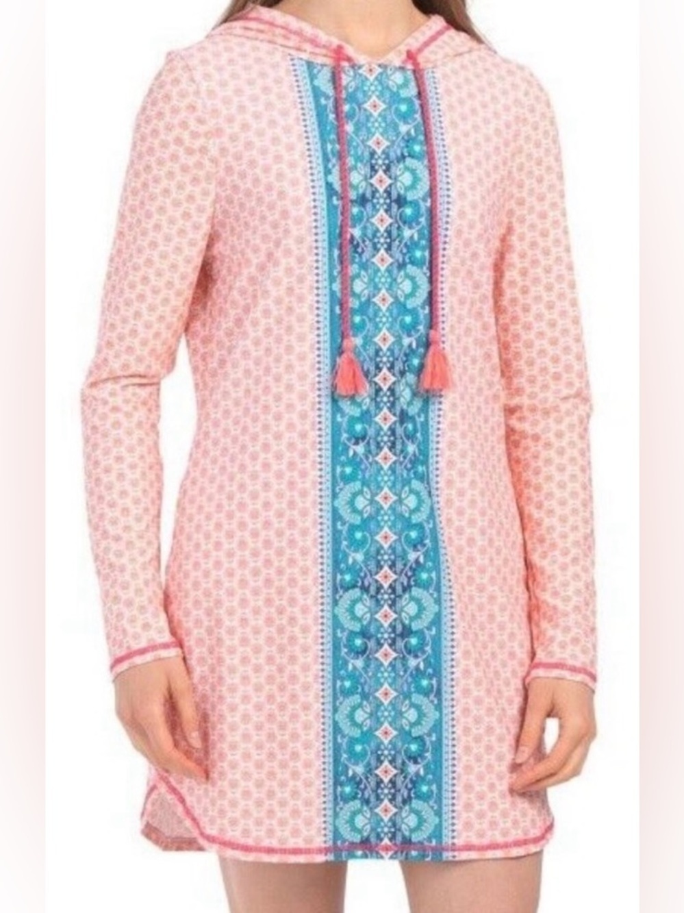 Pink Long Sleeve Hooded Tunic Dress with Teal Center Panel
